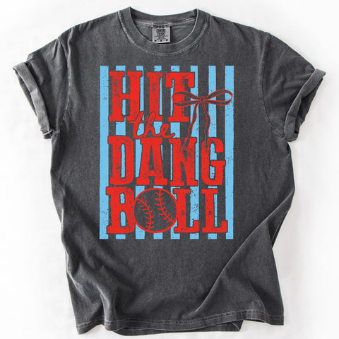 Hit The Dang Ball baseball graphic tee on Comfort Colors pepper shirt with vintage distressed red lettering and baseball design