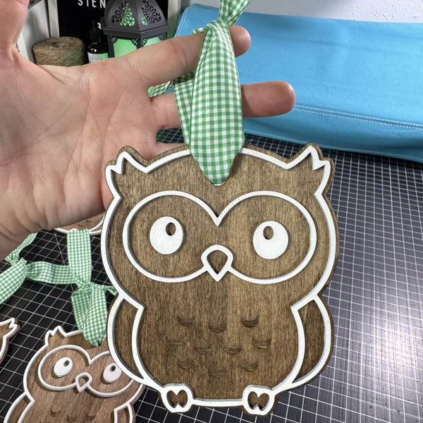 Hand holding a wooden owl ornament with a green ribbon on a grid surface.