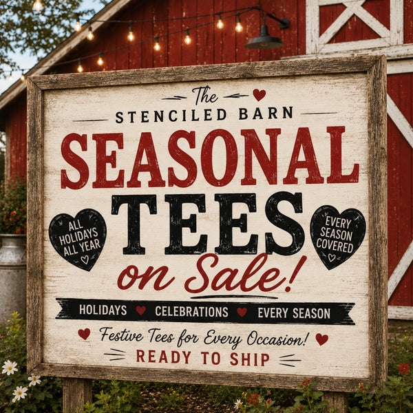 Ready-to-ship Christmas graphic tees featuring festive holiday, farmhouse, country, and rustic designs available in The Stenciled Barn Barn Sale collection.