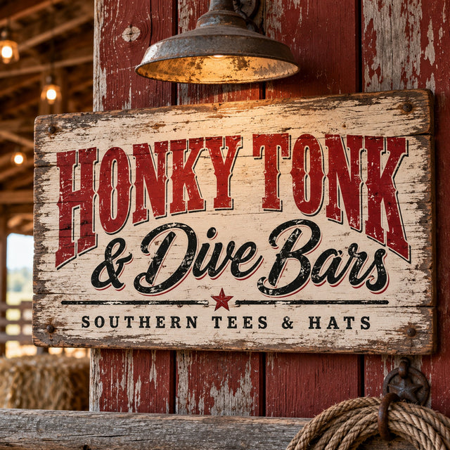 Rustic Honky Tonk & Dive Bars wooden sign on a weathered red barn wall advertising Southern graphic tees and trucker hats.