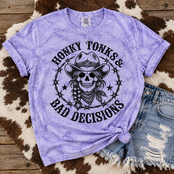 Purple Comfort Colors Color Blast tee with Honky Tonks and Bad Decisions cowgirl skeleton and barbed wire graphic