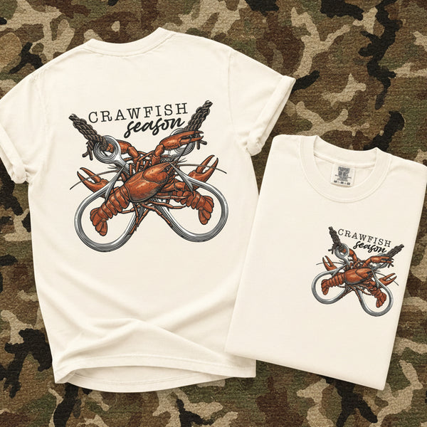 Ivory Comfort Colors crawfish season graphic tee with vintage crawfish and fishing hook design on front and back