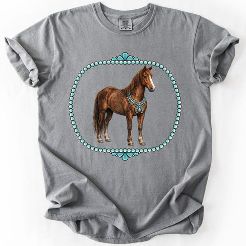 Gray t-shirt with a horse graphic on a white background