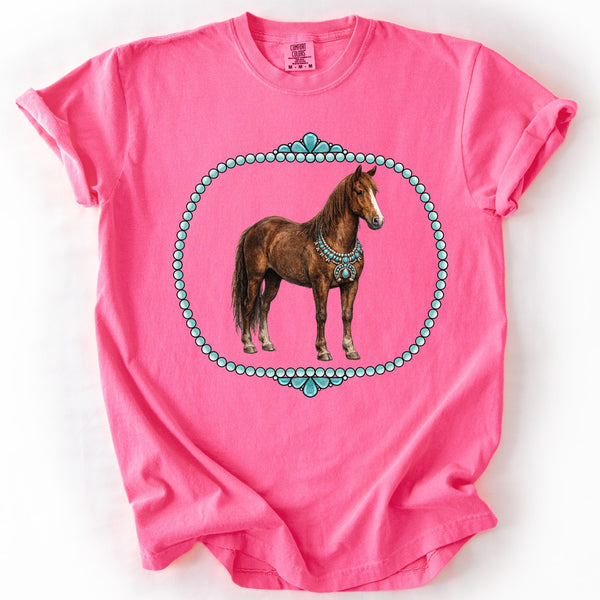 Show Life horse graphic tee with turquoise western style frame on Comfort Colors shirt