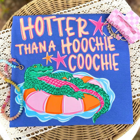 hotter than a hoochie coochie tee blue shirt gator float graphic