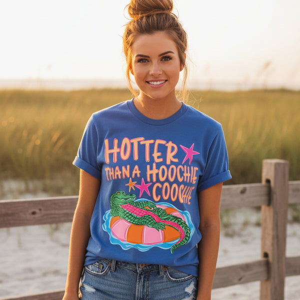 woman wearing bright blue summer graphic tee southern saying shirt