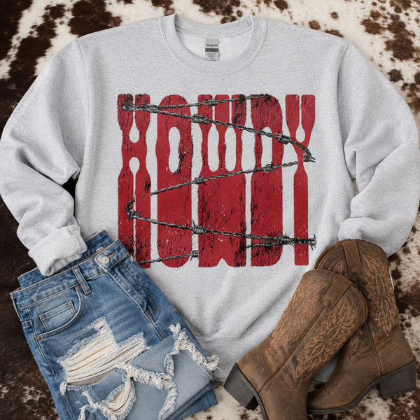 Distressed red Howdy barbed wire graphic printed on a Gildan Ash Gray Western crewneck sweatshirt.