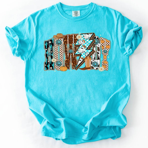 Turquoise t-shirt with decorative Howdy graphic design on a white background