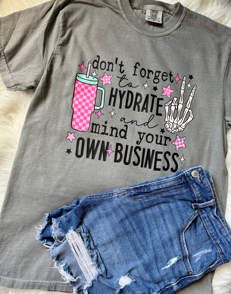 Hydrate & Mind Your Own Business Funny Tee | Comfort Colors Gray