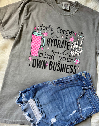 Hydrate & Mind Your Own Business Funny Tee | Comfort Colors Gray