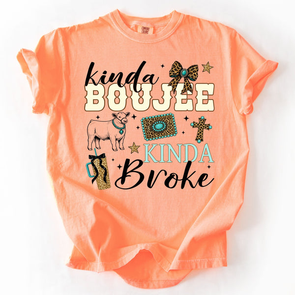 Kinda Boujee Kinda Broke steer show graphic tee on neon cantaloupe Comfort Colors shirt for FFA and 4H livestock show life