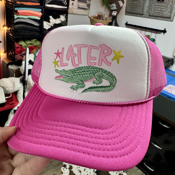 Later Gator pink foam trucker hat with alligator graphic and playful southern country design.