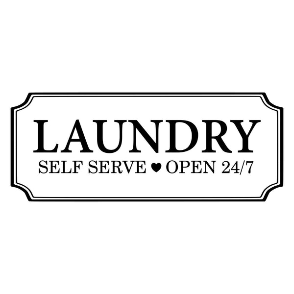 Laundry self-serve open 24/7 sign with decorative border on a white background