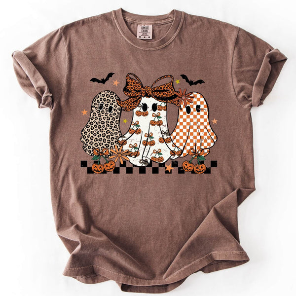 Leopard ghost with bows graphic on brown Comfort Colors Halloween tee
