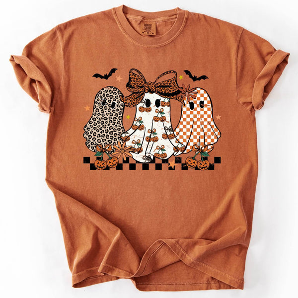 Trendy fall ghost tee in orange Comfort Colors shirt with Halloween design