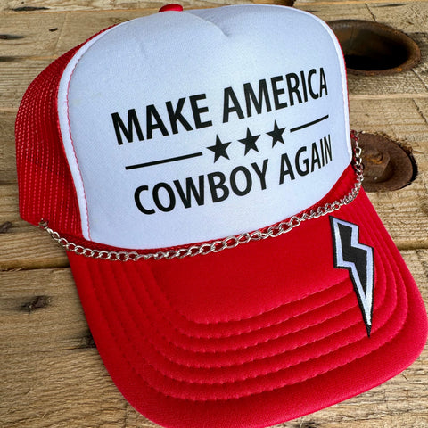 Make America Cowboy Again Trucker Hat | Trendy Snapback Cap with Metal Chain - The Stenciled Barn