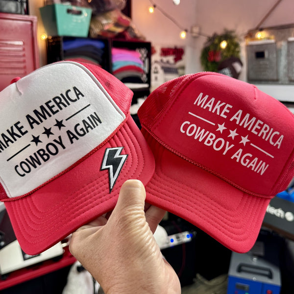 Make America Cowboy Again red foam trucker hats with western patriotic country design.