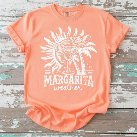 Margarita Weather Comfort Colors Neon Cantaloupe graphic tee with tropical margarita drink and palm tree summer design