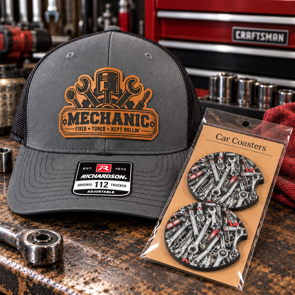 Mechanic gift set with leather patch trucker hat and mechanic tools neoprene car coasters for Christmas, Father's Day or birthday gift