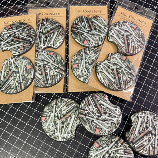 Round mechanic tools car cup holder coasters featuring wrenches sockets gears and ratchets