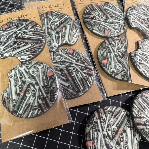Mechanic tools car coasters featuring wrenches sockets and automotive tools, available in neoprene or ceramic