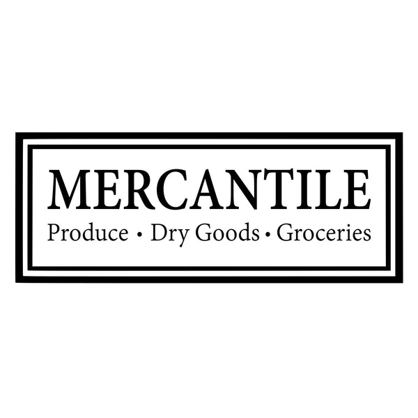 Logo for Mercantile with text 'Produce • Dry Goods • Groceries' on a white background