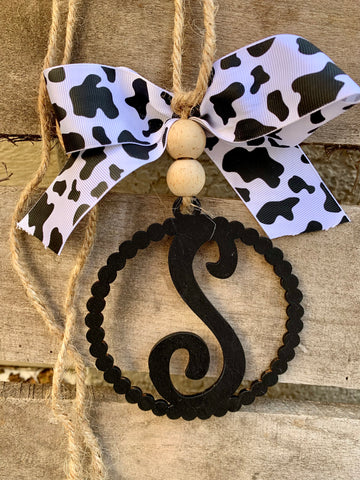 Monogram Car Charm | Chic Rear View Mirror Decor Cow Print Bow with Hanging Letter