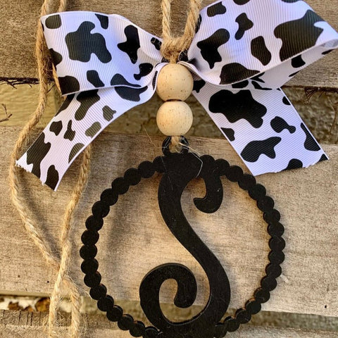 Monogram Letter Car Charm | Chic Cow Print Rearview Mirror Hanging Decor - The Stenciled Barn