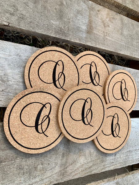 Monogrammed Absorbent Cork Coasters | Engraved Minimalistic Letter