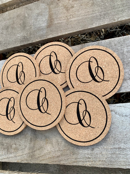 Monogrammed Absorbent Cork Coasters | Engraved Minimalistic Letter
