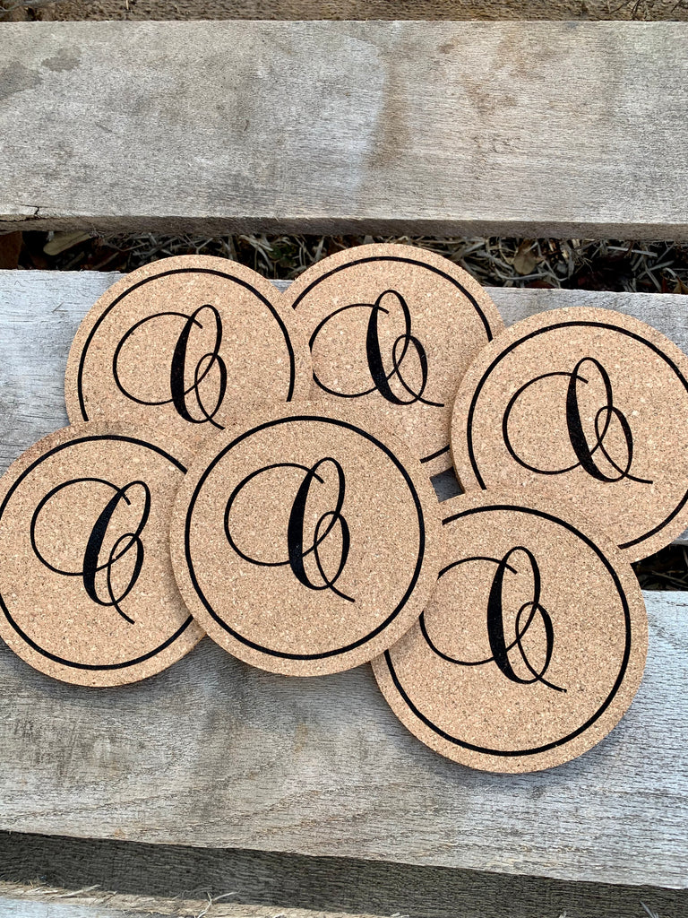 Monogrammed Absorbent Cork Coasters | Engraved Minimalistic Letter
