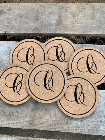 Monogrammed Absorbent Cork Coasters | Engraved Minimalistic Letter