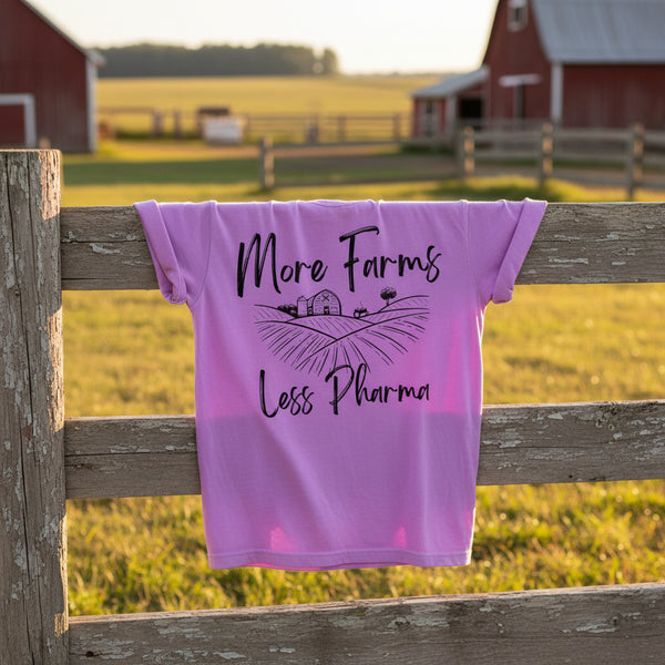 neon violet more farms less pharma graphic tee with farmhouse design southern country apparel