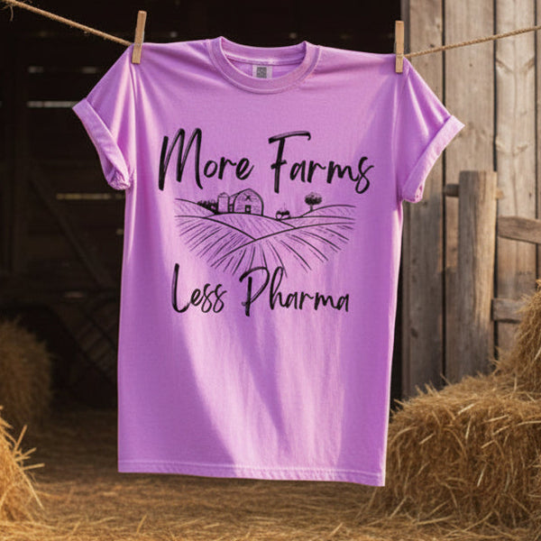 neon violet more farms less pharma graphic tee with farmhouse design southern country apparel