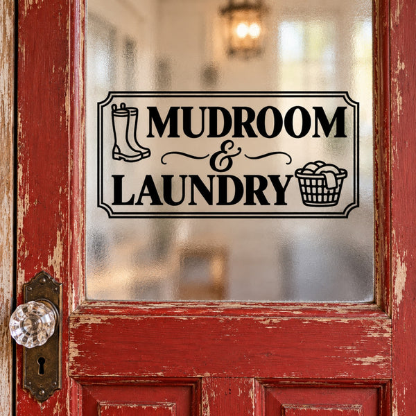 Mudroom and Laundry black vinyl door decal on rustic red glass door with rain boots and laundry basket design