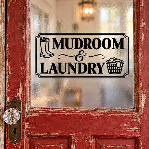 Mudroom and Laundry black vinyl door decal on rustic red glass door with rain boots and laundry basket design