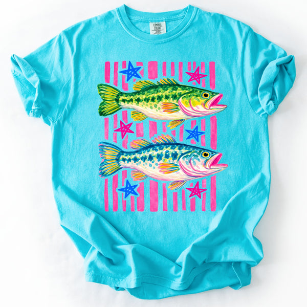 neon bass graphic tee comfort colors bright summer fishing shirt lake life patriotic design