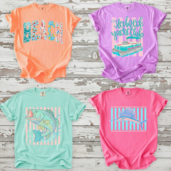 Neon coastal graphic tees bundle featuring colorful summer beach and lake life designs on Comfort Colors shirts including BEACH patchwork lettering, Redneck Yacht Club pontoon boat graphic, pastel bass fish design, and striped marlin fishing graphic in bright southern country style colors.