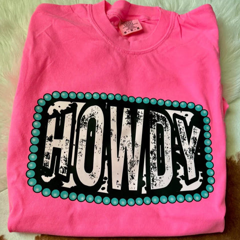 Neon Pink Howdy T-shirt with Beaded Turquoise Border | Comfort Colors Graphic Tee - The Stenciled Barn