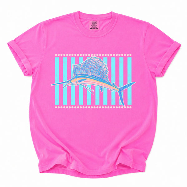Neon Pink Comfort Colors brand t-shirt with sailfish graphic on a white background