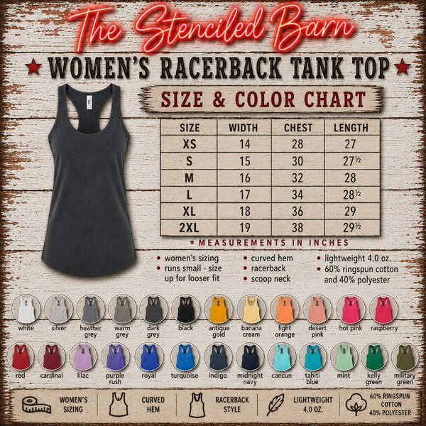 A size and color chart graphic for 'The Stenciled Barn' women's Next Level racerback tank top, featuring a navy blue tank top silhouette, a measurement table from XS to 2XL, color swatches, and fabric details on a rustic wood background.
