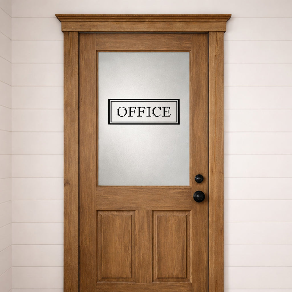 Wooden door with a glass panel and 'OFFICE' door decal on a white wall.