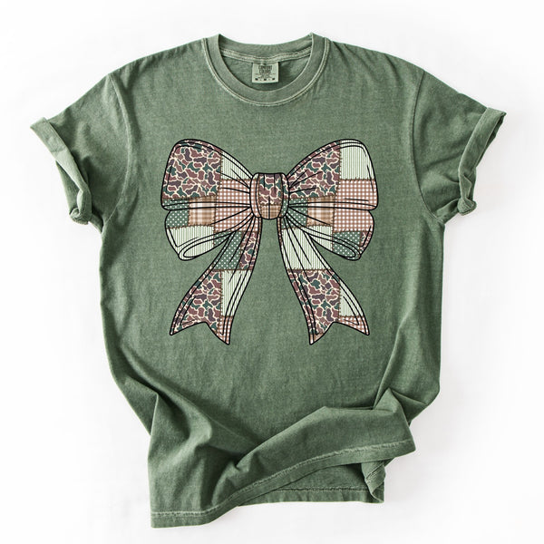 Olive green camo bow Comfort Colors tee women’s graphic shirt