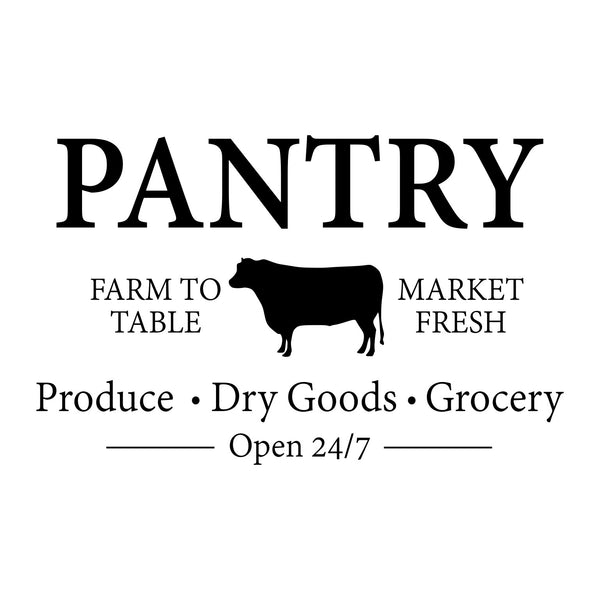 Black and white logo for a pantry with a cow silhouette, text about farm-to-table products, and open 24 hours.
