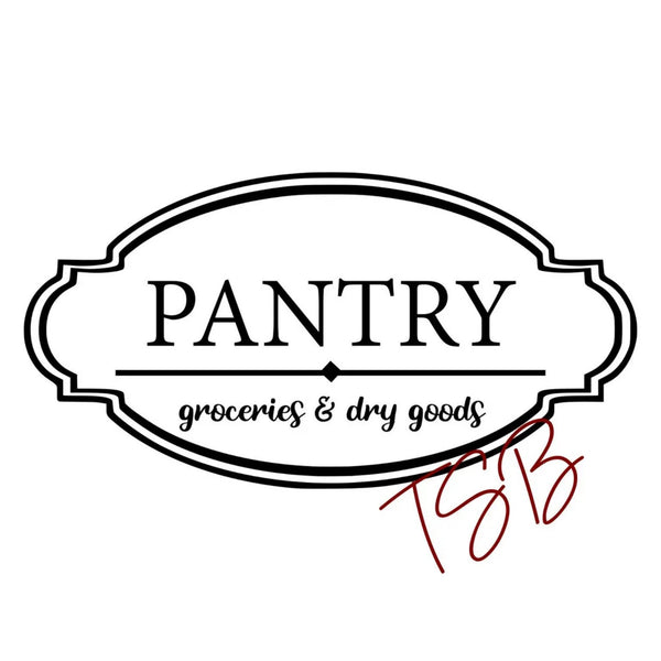 Decal for a pantry with 'groceries & dry goods' text and a decorative border.