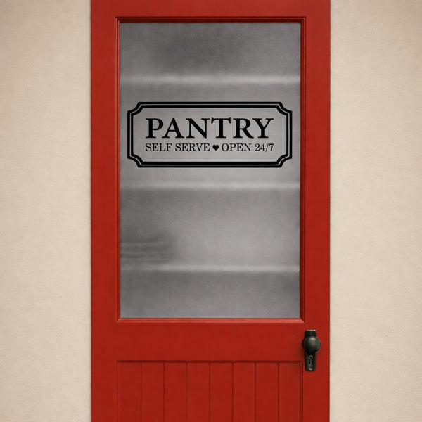 Red pantry door with glass panel and 'Pantry' vinyl lettering on a beige wall.