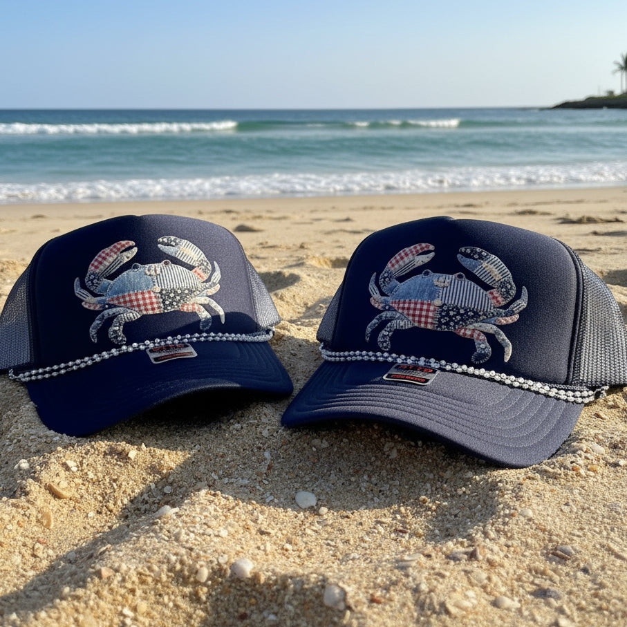 patriotic crab trucker hat with pearl chain navy coastal summer fishing hat southern country style