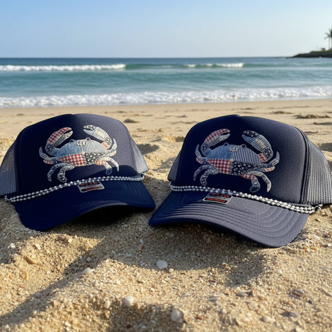 patriotic crab trucker hat with pearl chain navy coastal summer fishing hat southern country style