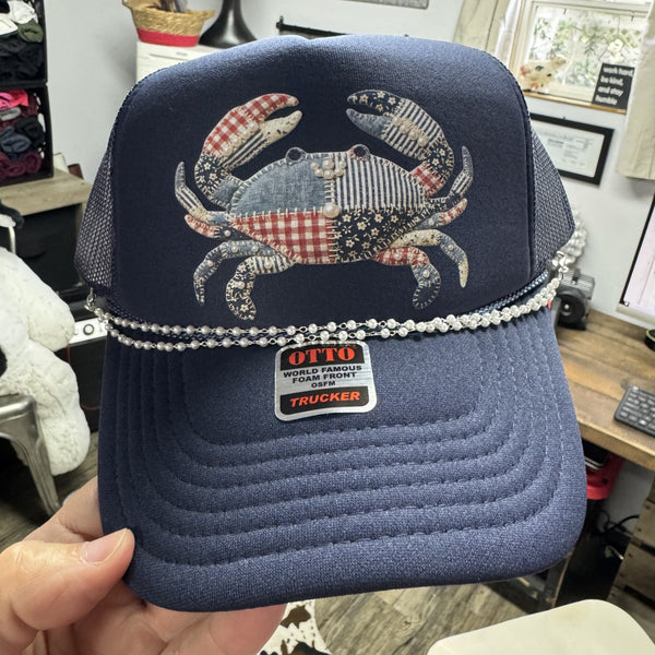 Patriotic patchwork crab trucker hat with pearl chain on navy foam front, southern country summer style accessory