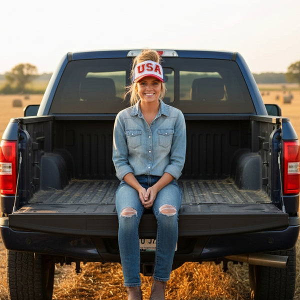 Country girl wearing red, white & blue patriotic USA trucker hat sitting on a truck tailgate in a  hay field.